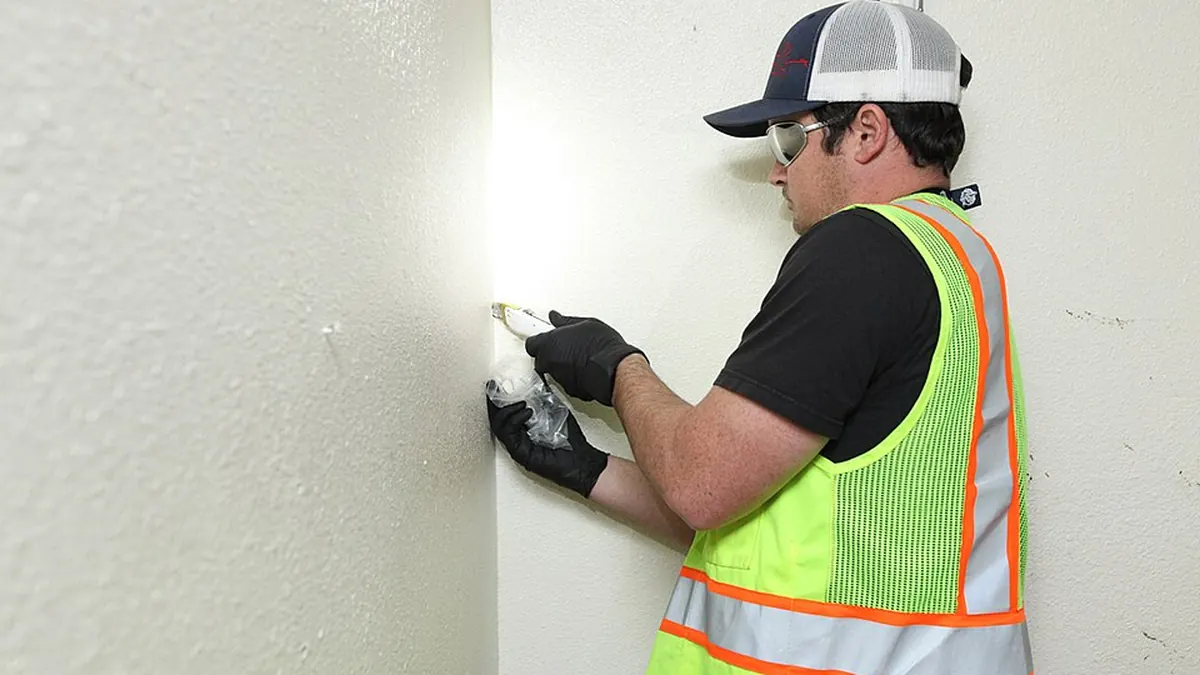 Asbestos sampling technician collecting a wall material sample before renovation